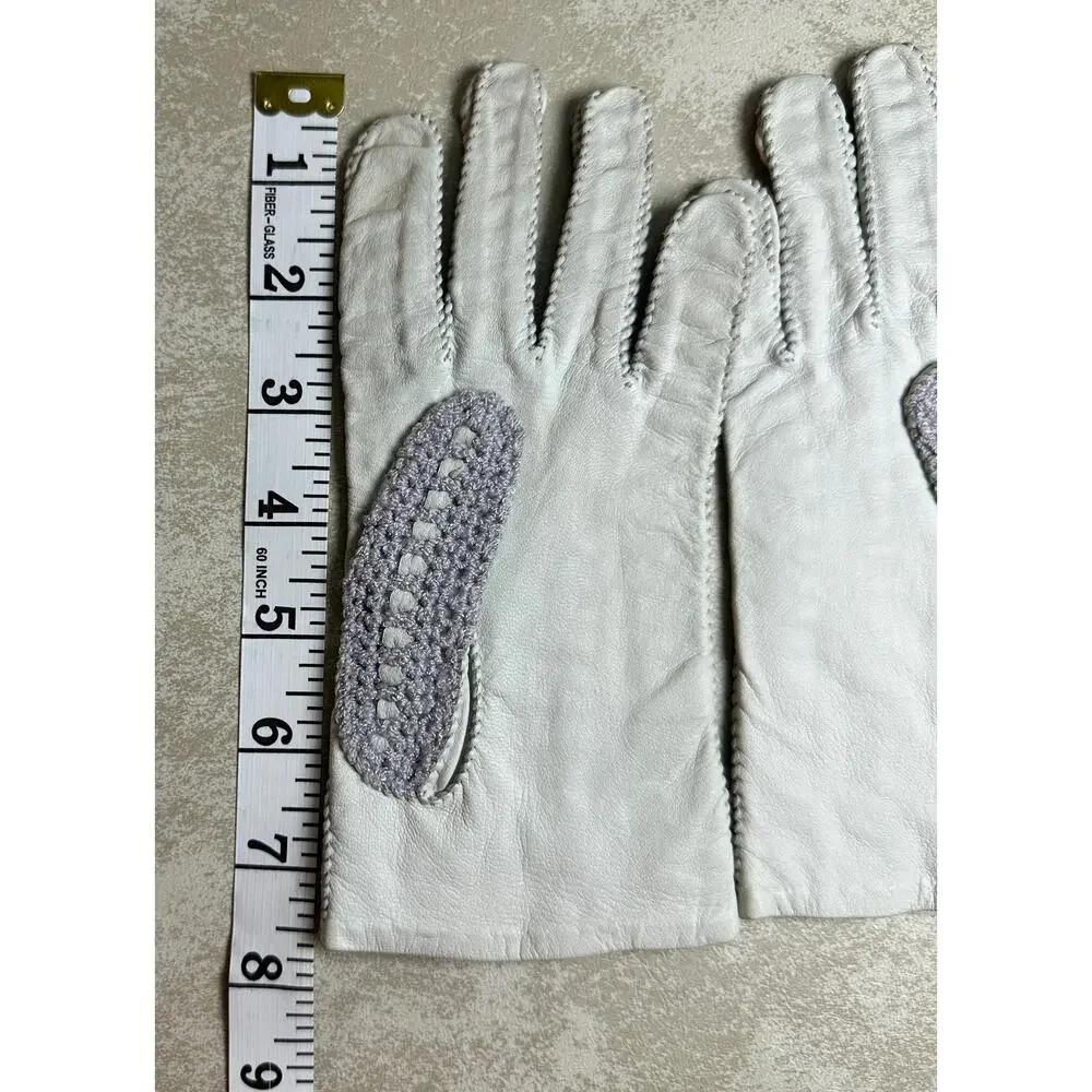 Vintage Light Gray Leather & Gray Lavender Crochet Driving Gloves Size 7.5